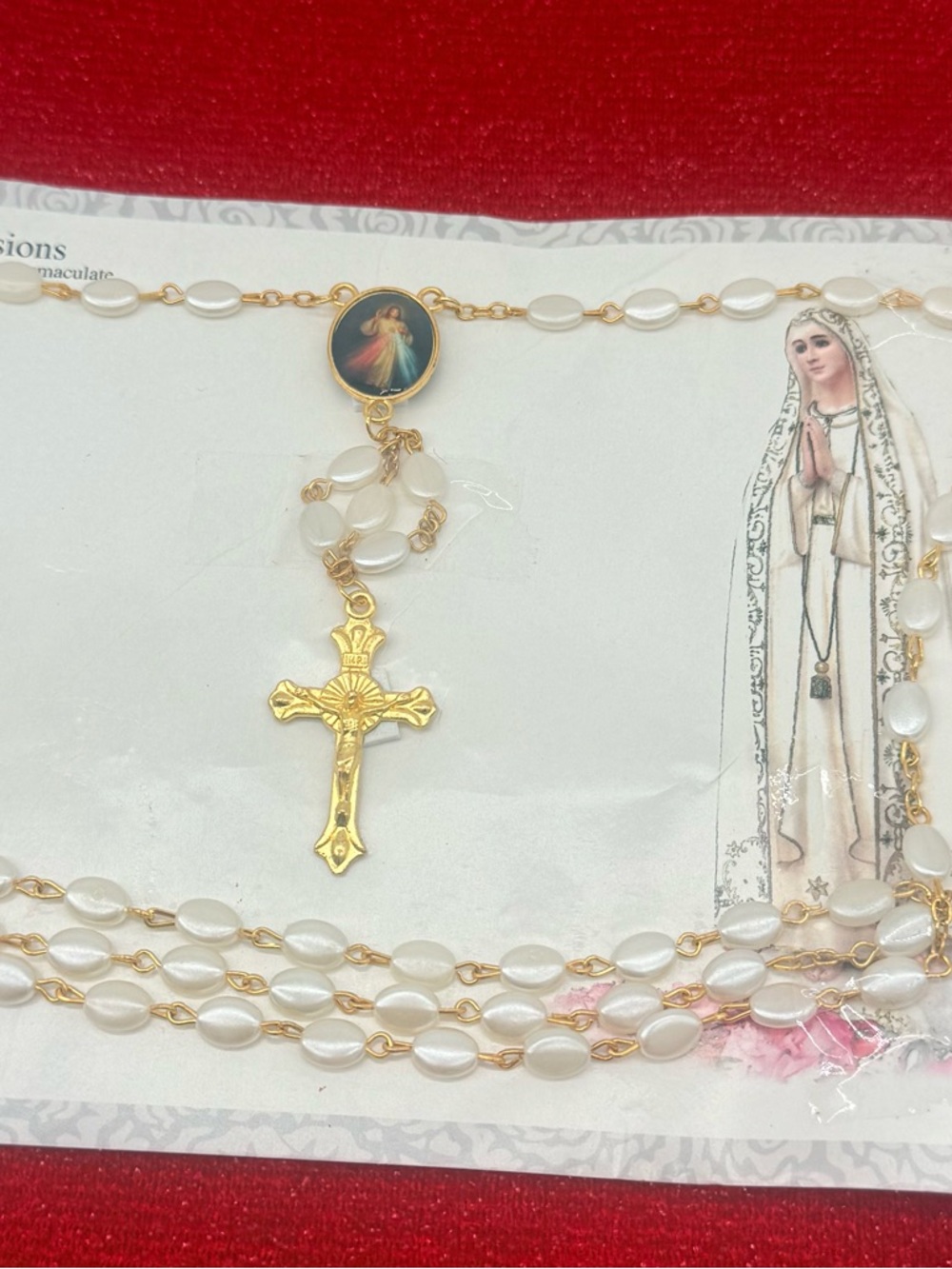 Gold and White Divine Mercy Kids Rosary Necklace